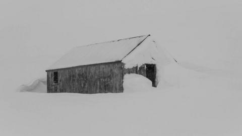 Old Aberdeen ski hut in snow