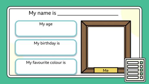 Template details sheet for small children to write name, birthday, and paste a picture.