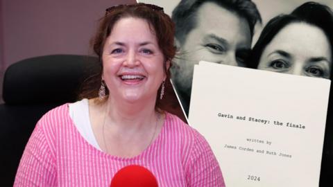 SPLIT: 

Left: Ruth Jones on Woman's Hour

Right: James Corden and Ruth Jones holding up the Gavin and Stacey Christmas special 2024 script