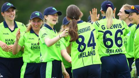 Ireland players celebrate a wicket