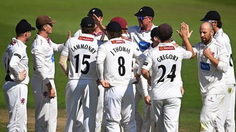 Somerset players gathered together after the fall of a wicket