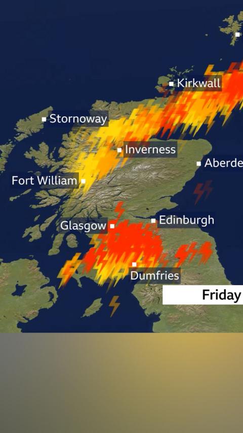 Weather map of lightning strikes over Scotland
