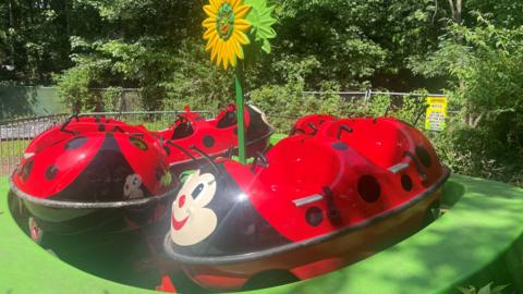 A small children’s amusement ride set outdoors in a green, wooded area. The ride consists of several ladybird-shaped cars, painted in bright red with black spots, arranged in a circular formation on a green platform. Each car has a rounded, dome-like shape and includes features such as small handlebars and seat belts, indicating that it is designed for young riders. Some of the cars also have cartoon-style faces painted on the front.
At the centre of the ride, there is a tall green pole topped with a decorative sunflower-shaped ornament, with bright yellow petals and a green centre.