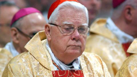 Cardinal Bernard Law attends the Chrism Mass celebration at St Peter's Basilica on March 24, 2005 in Vatican City
