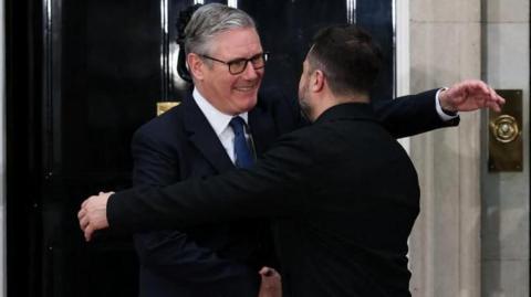 Sir Keir Starmer and Volodymyr Zelenskyy sharing a hug outside of 10 Downing Street on Sunday