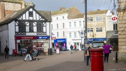 A wide view of historic buildings in Trowbridge town centre