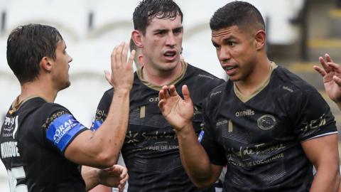 Catalans' David Mead celebrates a try against Wakefield in the Challenge Cup