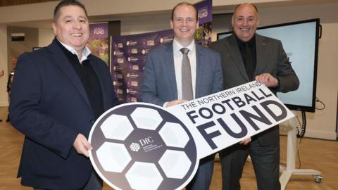 Gerard Lawlor, Gordon Lyons and Conrad Kirkwood at the announcement of Northern Ireland Football Fund funding