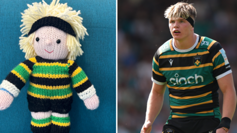 A composite image of Henry Pollock, with blond hair and black headband. He is wearing a rugby top and black shorts. The other image is a knitted version of him, with a long top on and black shorts. 