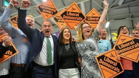 Lib Dems celebrate winning the 2019 Brecon and Radnorshire by-election