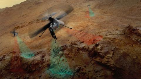 Artist's depiction of Nasa Skyfall helicopters with green and red radar scanning rocky surface of Mars.