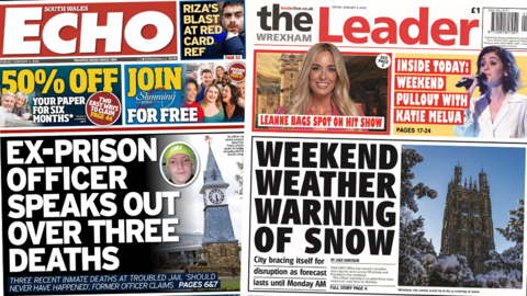 Front page of the South Wales Echo newspaper and The Wrexham Leader newspaper