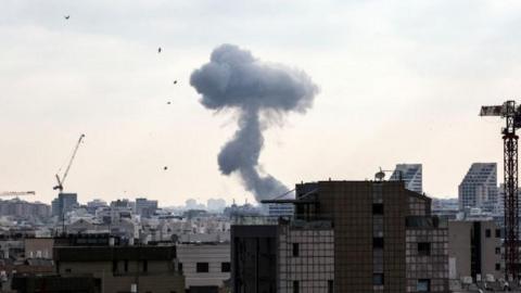 Smoke can be seen as during a missile attack from Iran on Israel, amid the Iran-Israel conflict, in Tel Aviv, Israel, June 22, 2025. 
