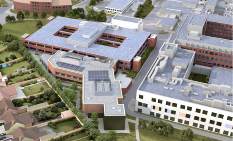 An artist impression shows the proposed building at the Kettering General Hospital. The maternity expansion is part of a rectangle buildings, which tails off into an L shaped building. 