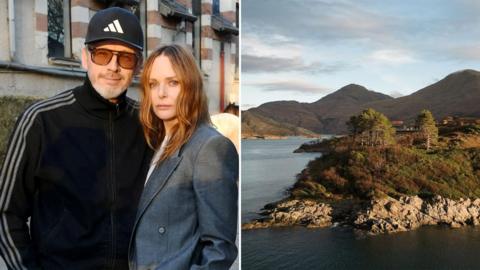 Split image of Stella McCartney and her partner Alasdhair Willis (left), and Commando Rock, the location of her house (right)