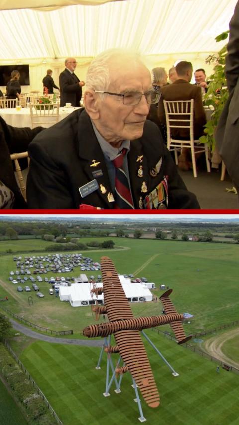 A composite image of World War Two veteran Harry Parkins and the Lancaster bomber sculpture