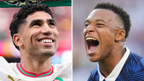 Achraf Hakimi of Morocco and Kylian Mbappe of France