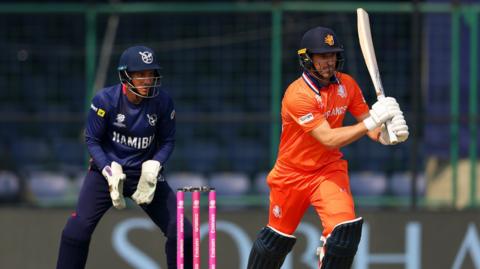 Namibia wicketkeeper Zane Green and Netherlands batter Colin Ackermann