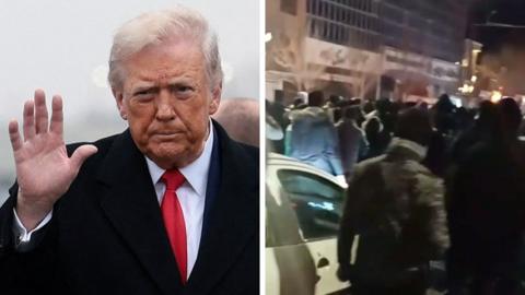 A composite image of Trump on the left and Iranian protesters gathered in the street on the right