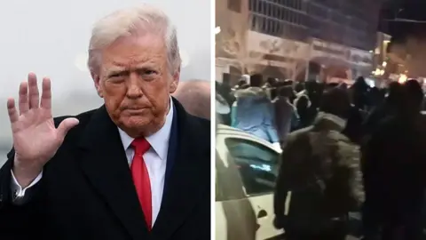 A composite image of Trump on the left and Iranian protesters gathered in the street on the right