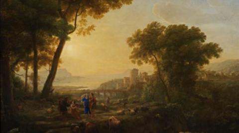 A painting shows Arcadian shepherds making music and tending their flocks in the foreground. Behind them are buildings and a castle with a bridge over a river and a bay beyond.