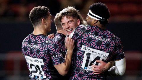 Bristol celebrate after Aidan Boshoff's try