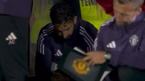 Man Utd boss Ruben Amorim in the dugout during the match against Grimsby