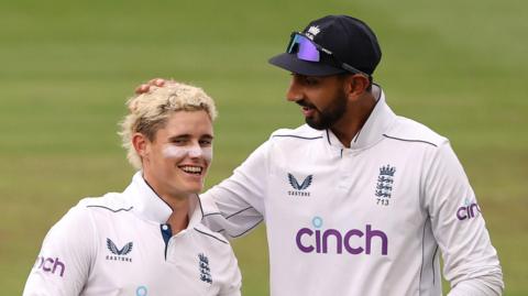 Jacob Bethell and Shoaib Bashir playing for England
