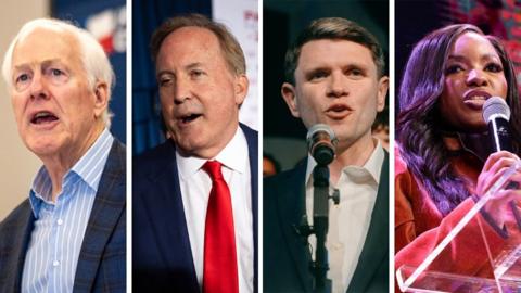 A composite image shows Texas politicians John Cornyn, Ken Paxton, James Talarico and Jasmine Crockett addressing their respective supporters