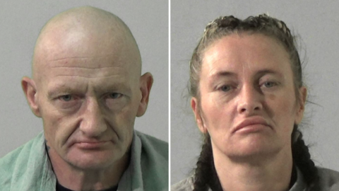 Mugshots of Bathgate and Todd. He is completely bald and clean shaven with a craggy face. She has large lips and long brown hair in plaits.