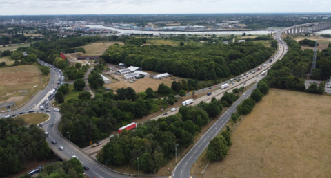 Aerial view of A14 and A14/A137 junction near Ipswich with Orwell Bridge lane closures