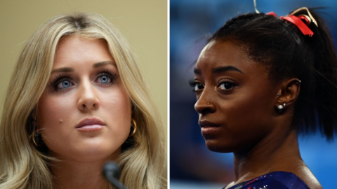 Riley Gaines (left) and Simone Biles (right)