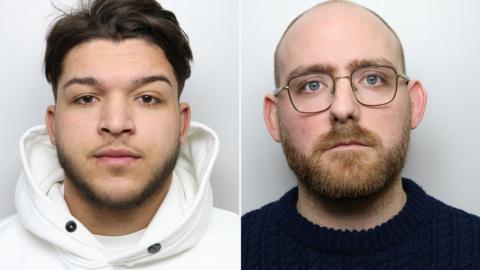 Two mugshots side by side. The first one shows a man with brown hair and in a white jumper while the second shows a bespectacled bald man with a beard. He wears blue knitwear.
