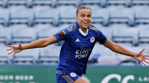 Noemie Mouchon celebrates scoring the equaliser for Leicester
