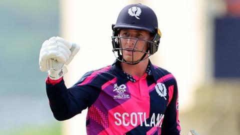 Brandon McCullen of Scotland celebrates during the ICC Men's T20 Cricket World Cup West Indies & USA 2024 match between Oman and Scotland at Sir Vivian Richards Stadium