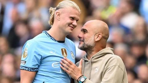 Erling Haaland and Pep Guardiola on the touchline