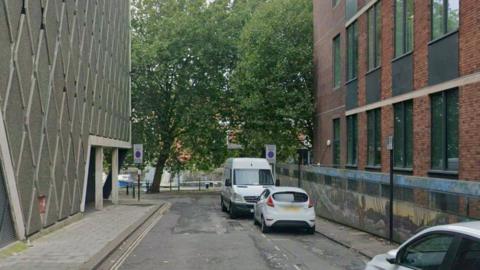 Assembly Rooms Lane in Bristol on an overcast day