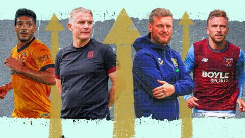 A compositive image featuring Raul Jimenez of Wolves, Wrexham boss Phil Parkinson, Middlesbrough boss Kim Hellberg and Jarrod Bowen of West Ham, separated by golden arrows pointing upwards.