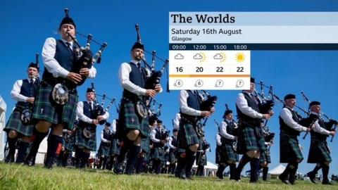 Pipe band playing while marching, wearing kilts, with a weather graphic on the right of the screen reading "The Worlds" showing Saturday's weather ranging from 16 degrees in the morning to 22 in the evening