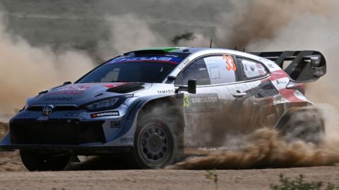 Elfyn Evans and co-driver Scott Martin's Toyota GR Yaris Rally 1 on the dusty roads of Rally Italia Sardegna