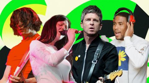 Images of band members and singers behind colourful graphics