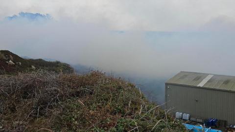 Smoke near a desalination plant in Jersey. The smoke is coming from a fire in a neighbouring field. It appears to be quite thick and covering the view beyond it. A corrugated iron building is in the foreground. 