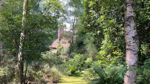 A picturesque house is seen in the distance between trees soaked in sun. 