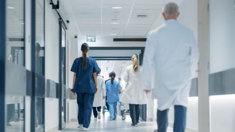 Hospital hallway with doctors, nurses and specialists with their back to camera. They are in a variety of hospital uniforms - dark and light blue scrubs, white coats.