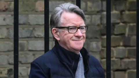 Lord Mandelson wears a dark blue jacket and grey jumper while outside. Railings and brickwork are visible behind him.