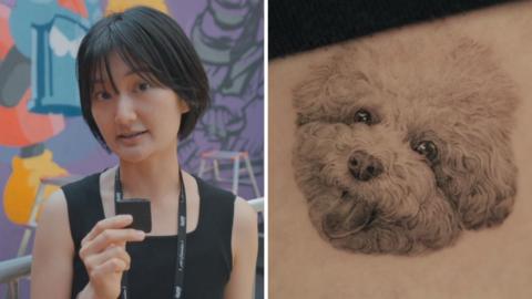 Leehyun Choi split image with dog tattoo