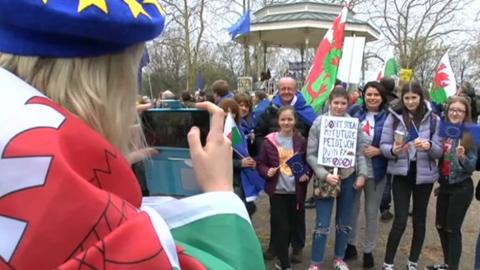 Baneri Cymru yn rali refferendwm Brexit