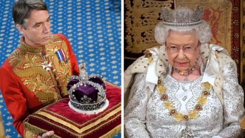 The Queen's crown being carried by a solider and the Queen delivers her speech wearing the George IV State Diadem