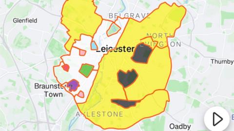 A screengrab of Rebecca Laurel's ride around Leicester city which forms the shape of the yellow Pudsey Bear with a white spotted bandage over one eye.