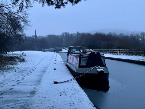 A barge on a frozen canal in Netherton